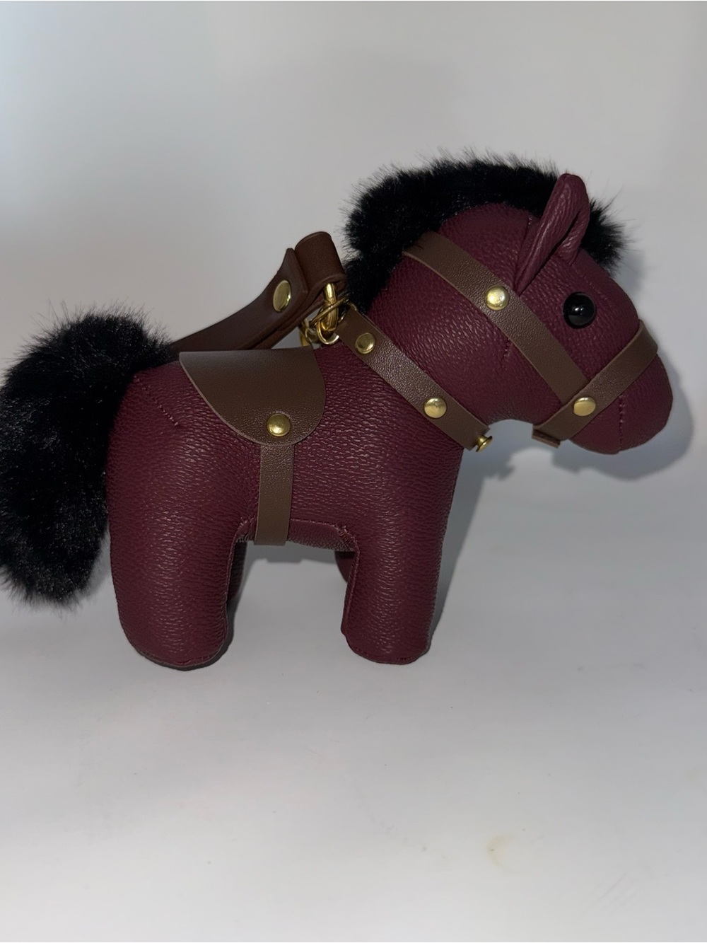 Burgundy Plush Horse Bag Charm with Black Fur Tail